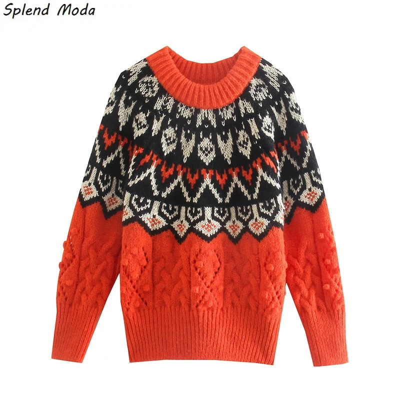 

Женский винтажный жаккардовый свитер с круглым вырезом и длинным рукавом