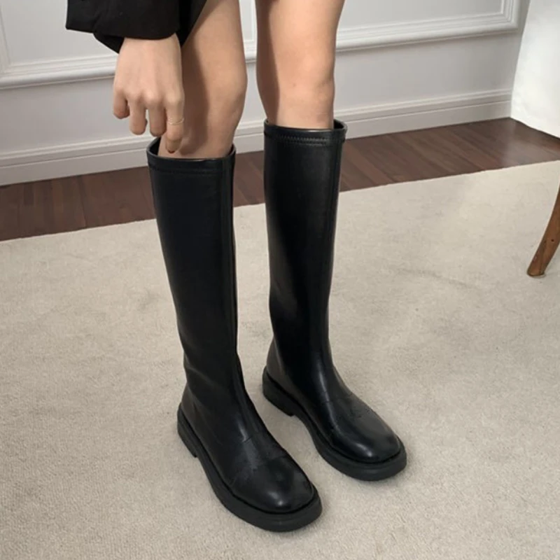 

Женские сапоги до колена из ПУ кожи, с круглым носком, на молнии сзади