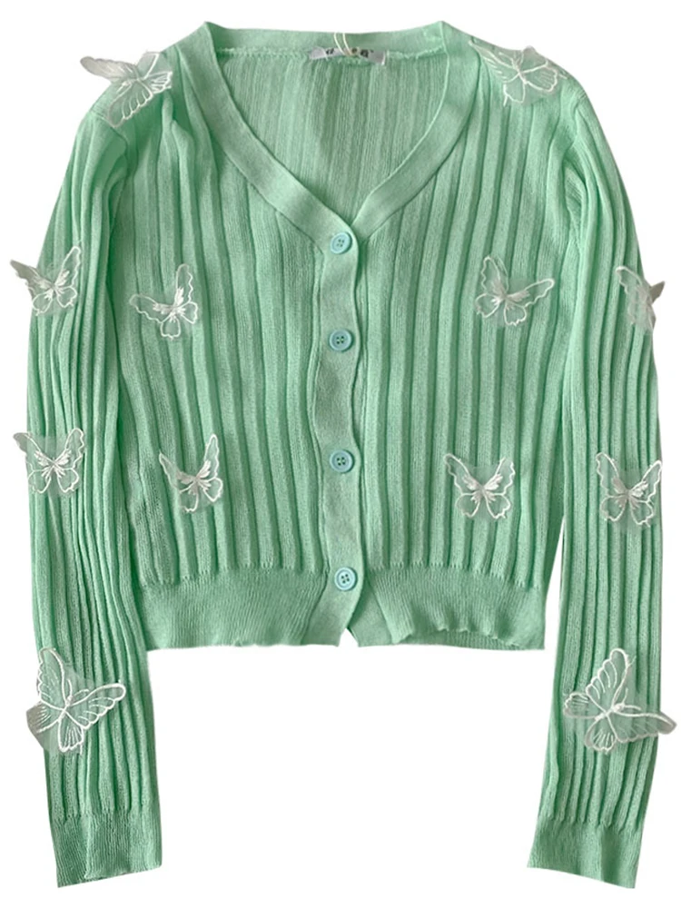 

Vintage Knitting 3D Butterfly Sunscreen Long Sleeve Cardigan Fashion Korean Single Breasted Women's 2021 Summer Crop Tops Street