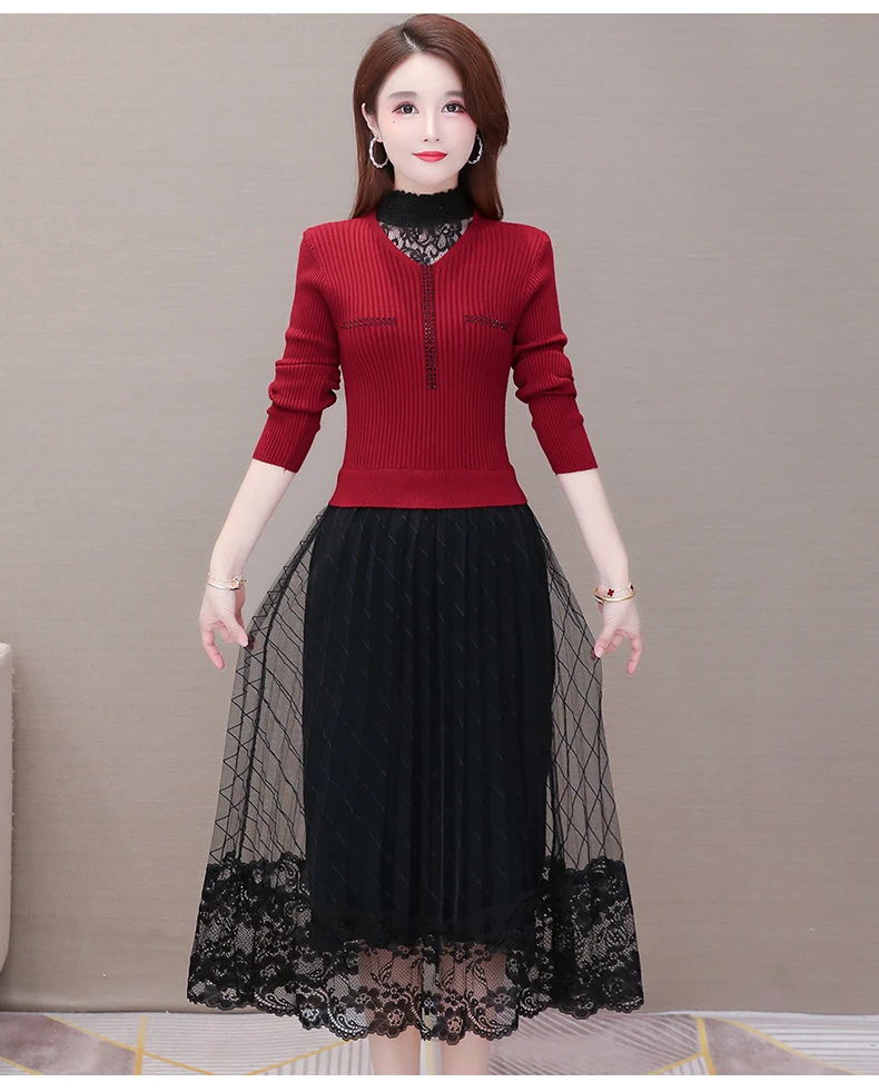 

Knitted Dress Women's Middle Long 2020 New Spring And Autumn High Luxury Lace Stitching Bottoming Skirt.