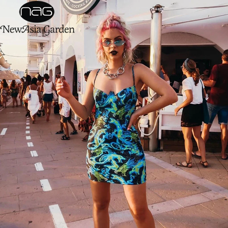 Женское платье карандаш NewAsia Garden разноцветное уличное мини на тонких бретельках