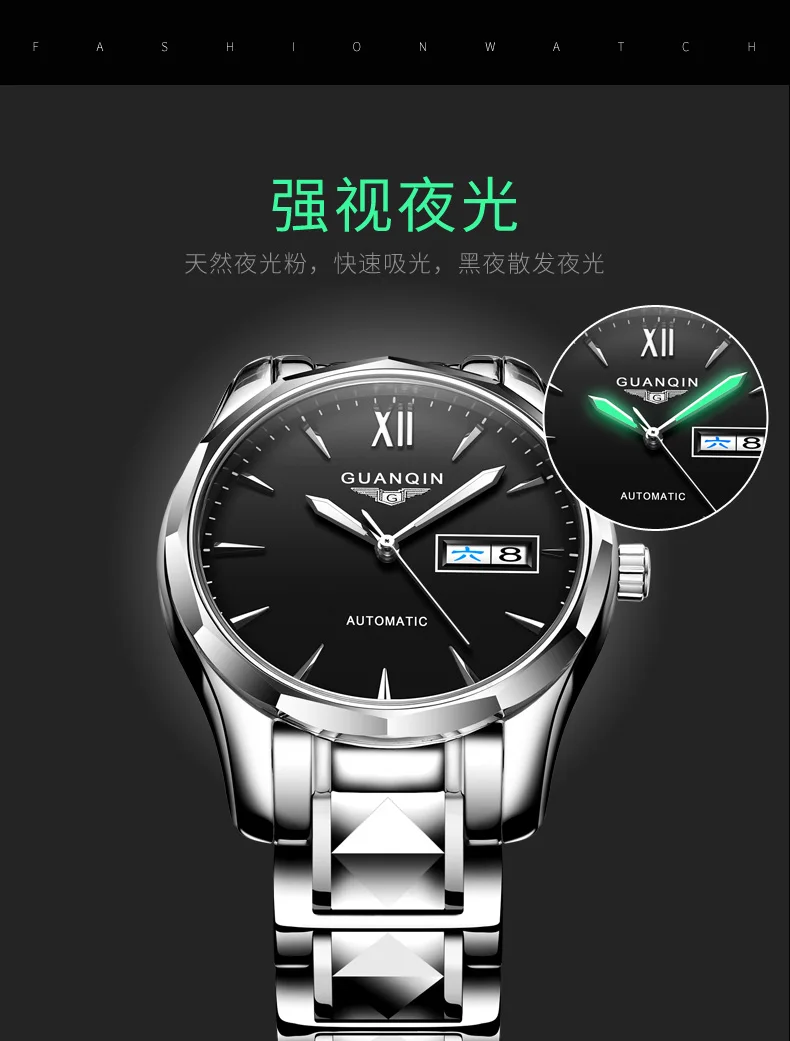 GUANQIN GJ16013 Япония MIYOTA NH36A Вольфрамовая сталь Водонепроницаемый Бизнес Корона пианино двойной календарь светящиеся мужские часы