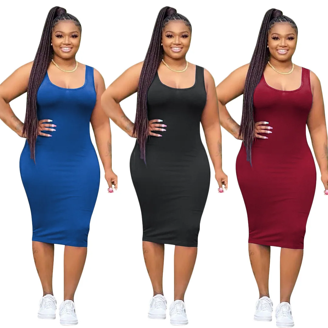 

Summer Plus Size Women's Casual Sports Round Neck Sleeveless Solid Color Dress S-4Xl
