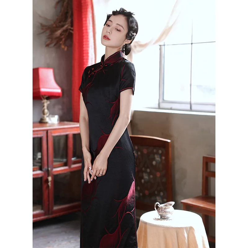 

Женское Восточное длинное приталенное платье Ципао, элегантное платье в китайском стиле с коротким рукавом и воротником-стойкой, 2021
