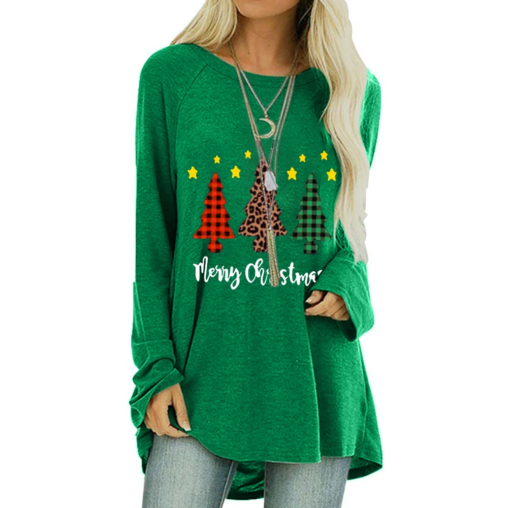 

#w Print Women Tee Shirts Round Collar Loose Casual Mid Long Top Full Sleeve Festival Clothes Merry Christmas Tree T-shirt