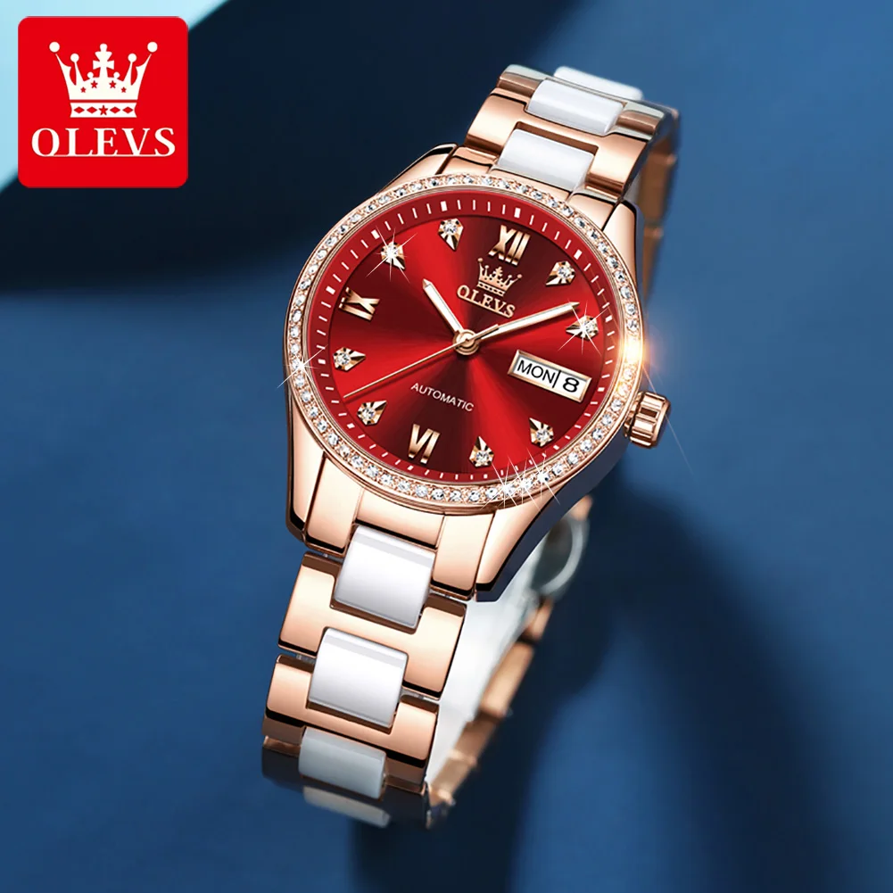 OLEVS Luxury Ladies Fashion Stainless Steel Red Mechanical Watch Waterproof Casual Date Watch Elegant Female Clock Montre Femme