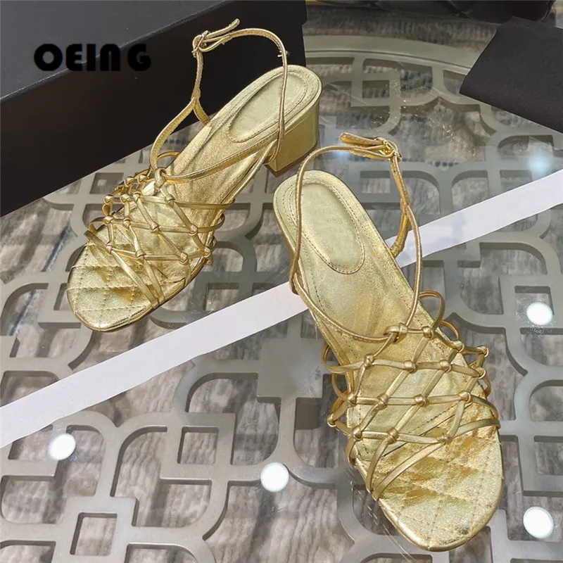 

2021 Summer Women Fashion Gladiator Sandals Golden Leather Thick Heels Open Toe Sandals Female Buckle Strap Wedding Party Shoes