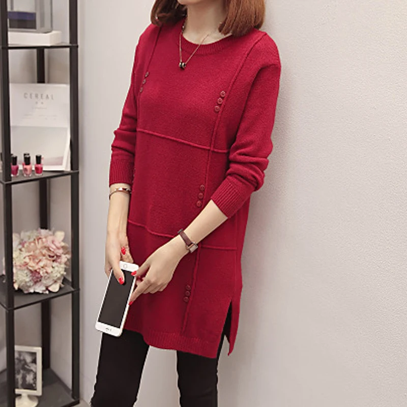 

Women plus size casual pullovers long sweater Fad winter autumn slim jumpers o-neck wine red thick pull femme maglioni donna