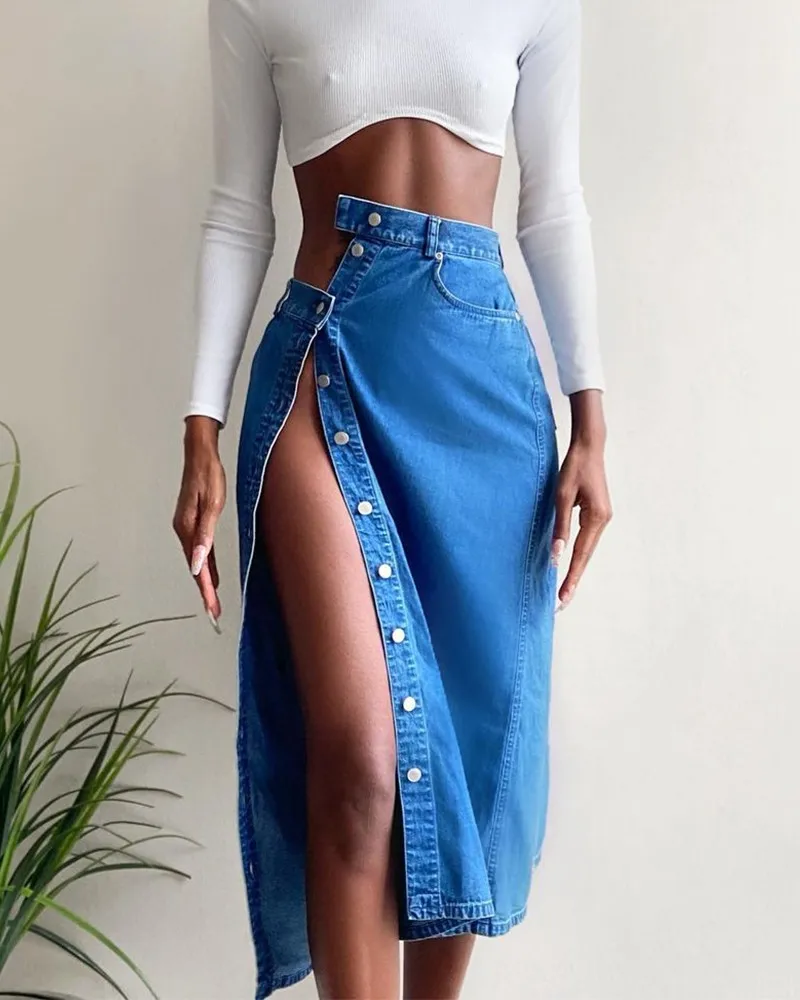 

MKD LUFI Solid Button Through Split Denim Skirt Women Chic Mid-Calf Casual Daily Skirts