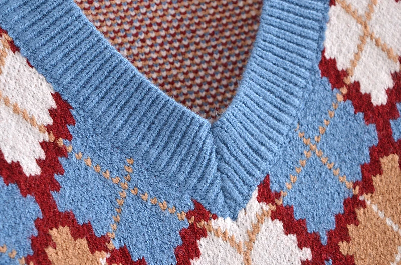 

Splend Moda 2021 Spring Autumn Vintage Loose V-Neck Sleeveless Contrast Color Diamond Knitted Vest Women Tank Top Chic Casual