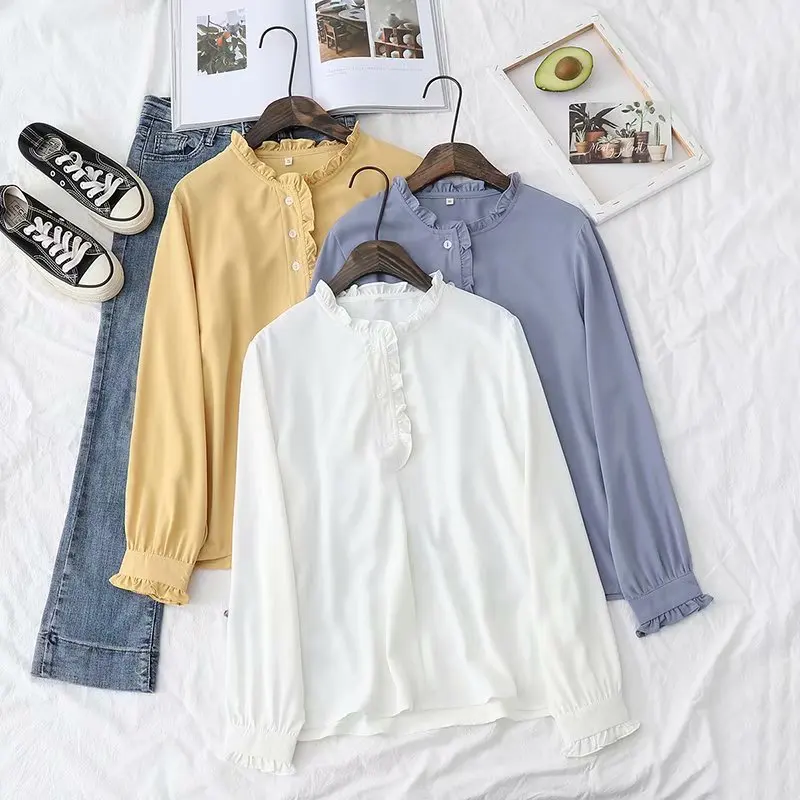 

Fungus collar shirt spring new product 202 new item white chiffon top lady bottoming shirt literary white shirt