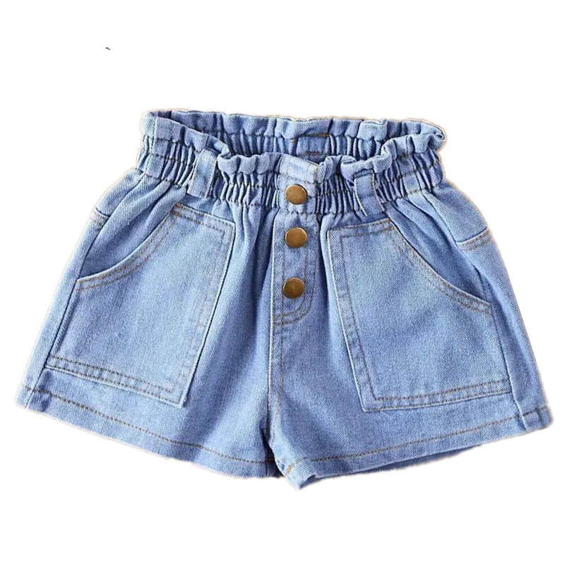 

Children's Clothing Pants Summer New Kids All-match Elastic Waist Stitching Buttoned Girl Lightweight Casual Denim Shorts KJ17