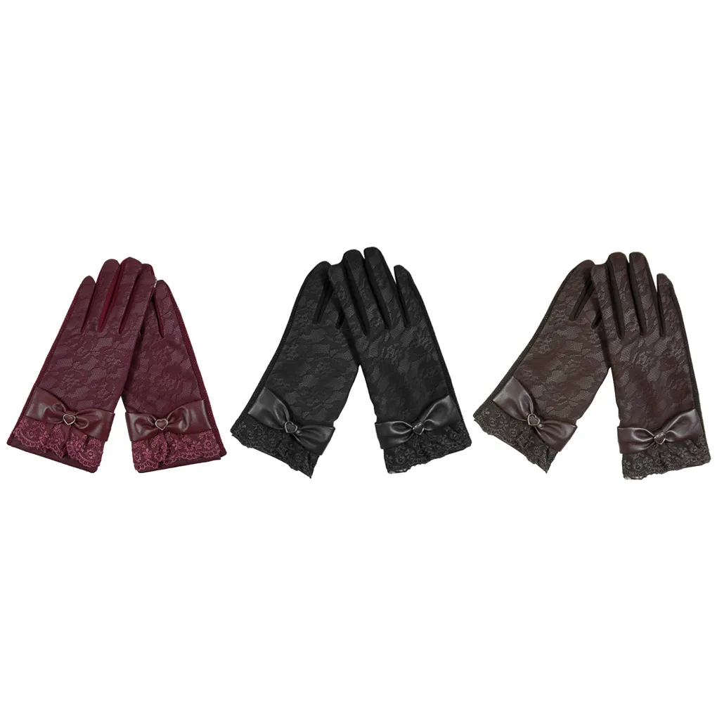 Элегантные женские перчатки для вождения с кружевным бантом кожаные зимние