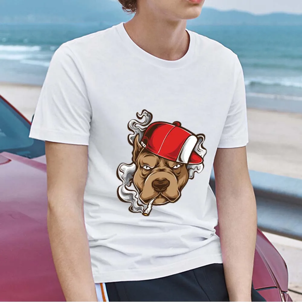 

Men's Street White T-shirt Basic Cartoon Funny Cool Trendy Dog Print Series T-shirt Round Neck Breathable Commuter Men's Top