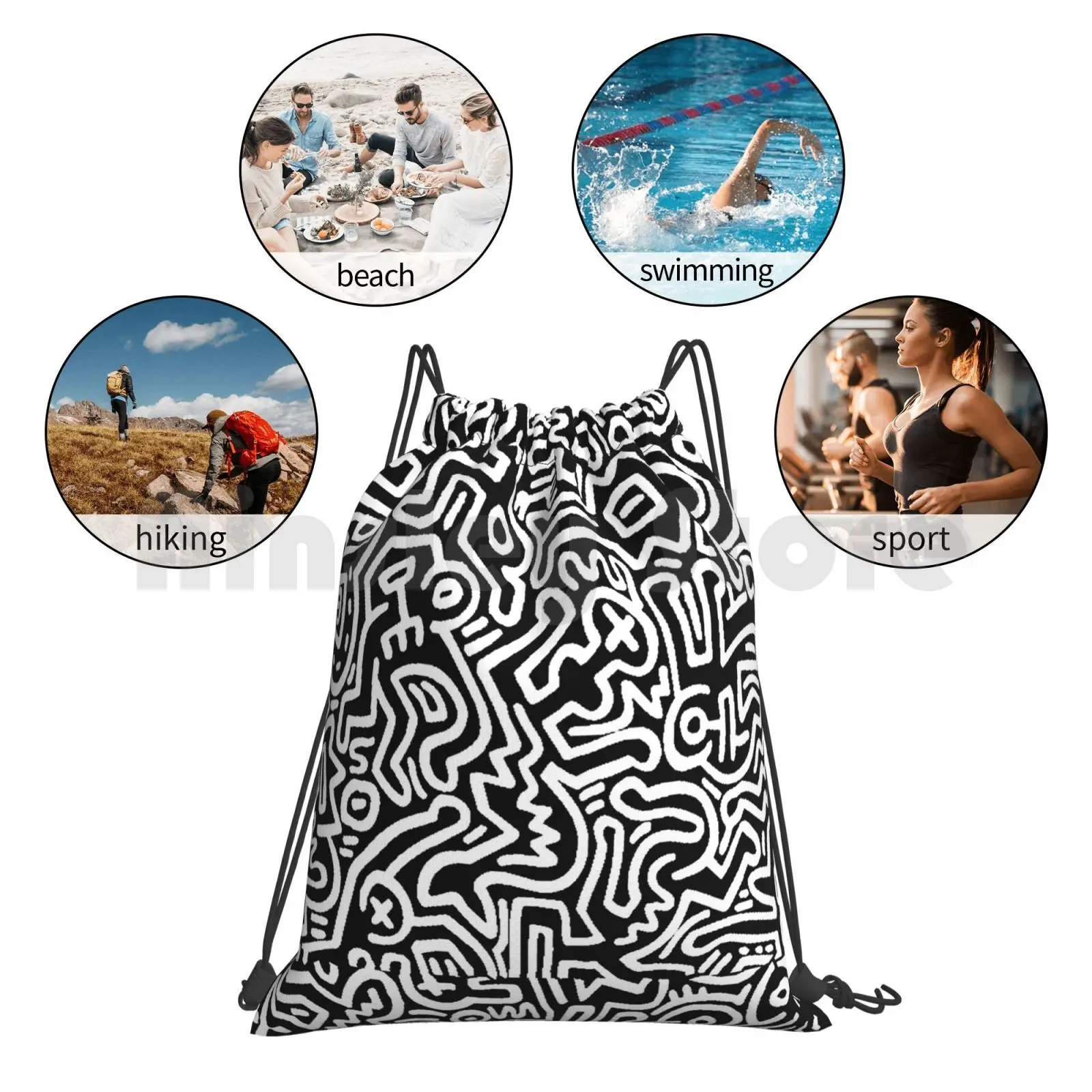 

Black And White Pattern Backpack Drawstring Bags Gym Bag Waterproof Colors Patterns Modern Art Aesthetic Black And White