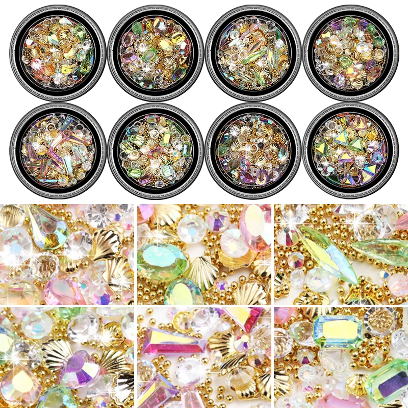 1 коробка Стразы для ногтей золотые розовые металлические бусины на заклепках