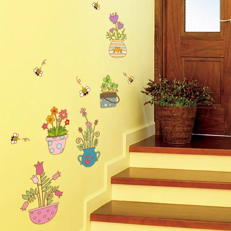 

Wall Stickers for Baby Rooms Decoration Flower Pot Combination Removable Glass Window Bedroom Living Room PVC Wall Poster