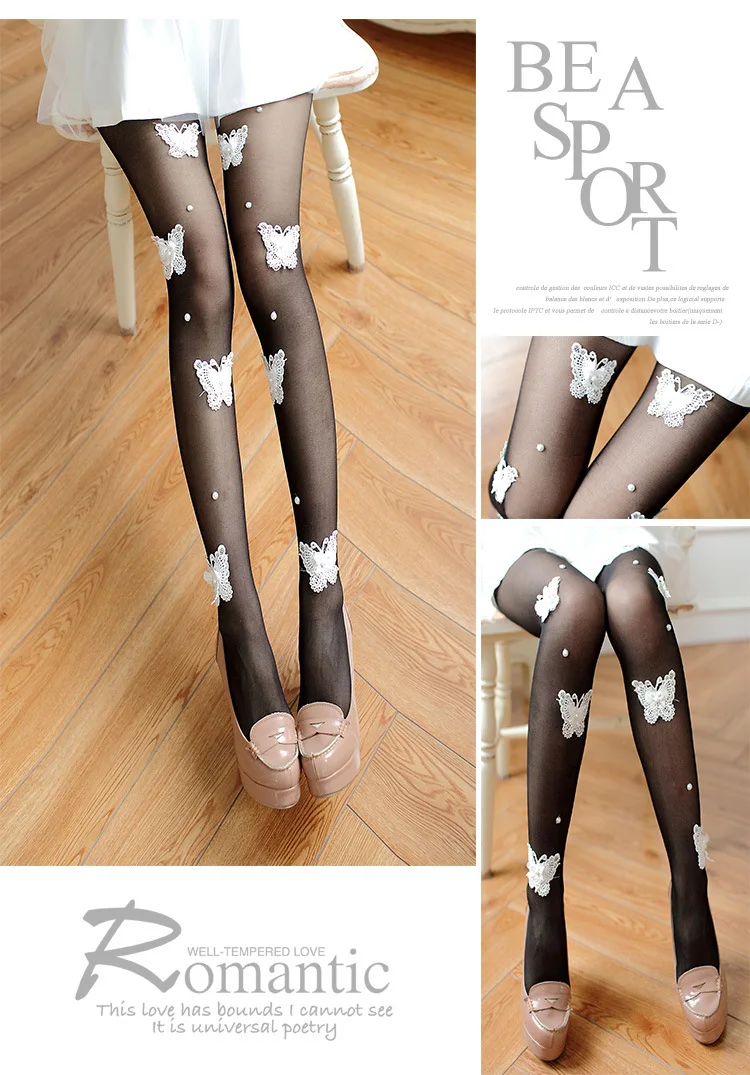 Autumn Winter Pantyhose Women Sweet Princess Embroidered Nails Beads Stockings Sexy Black Transparent Arbitrary Shearing Tights