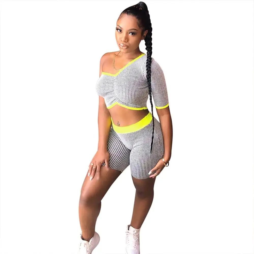 Casual stripe Two Piece One Shoulder Short Set | Женская одежда