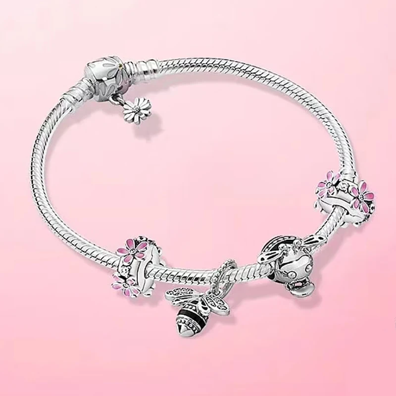 

100%925 sterling silver Spring Pink flower bee lovely sweet heart high quality fashion pan bracelet jewelry