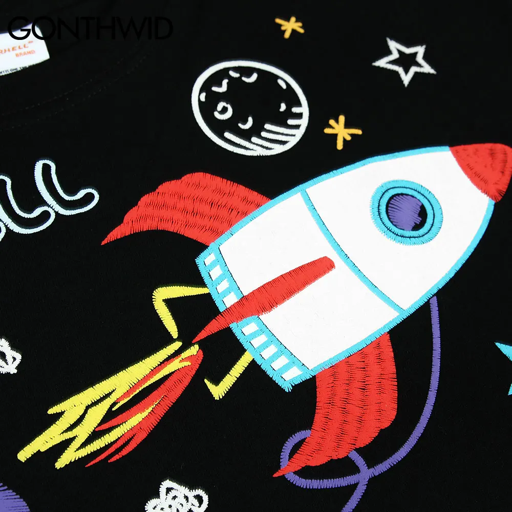 

GONTHWID T-Shirts Streetwear Harajuku Planet Cartoon Astronaut Tees Shirts Casual Summer Cotton Loose Fashion Men Tshirts Tops
