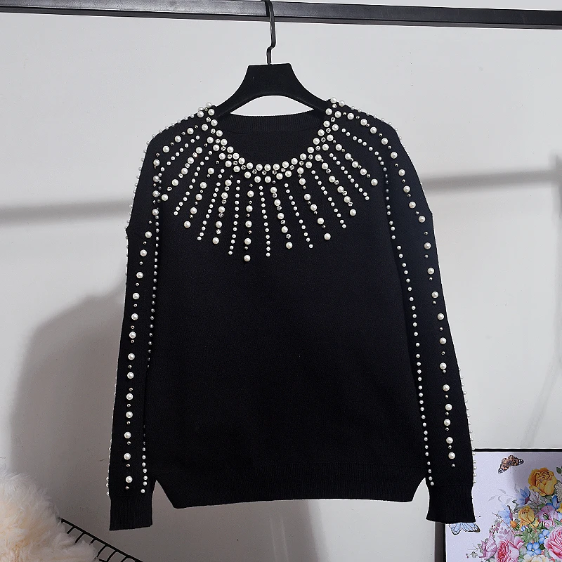 Осенне зимний черный вязаный комплект женский свитер с длинными рукавами и