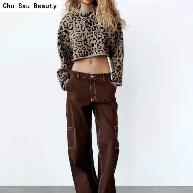 

New ZA Women's Animal Pattern Jacquard Knit O-Neck Short Tops Autumn/Winter Casual Loose Trend Long-Sleeved All-Match Sweater