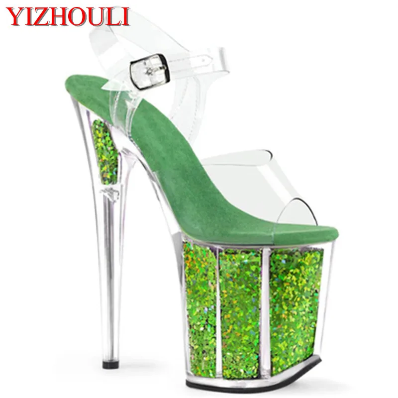 8 inch summer sandals, green shiny crystal soles for parties and nightclubs, 20 cm crystal heels for models, dancing shoes
