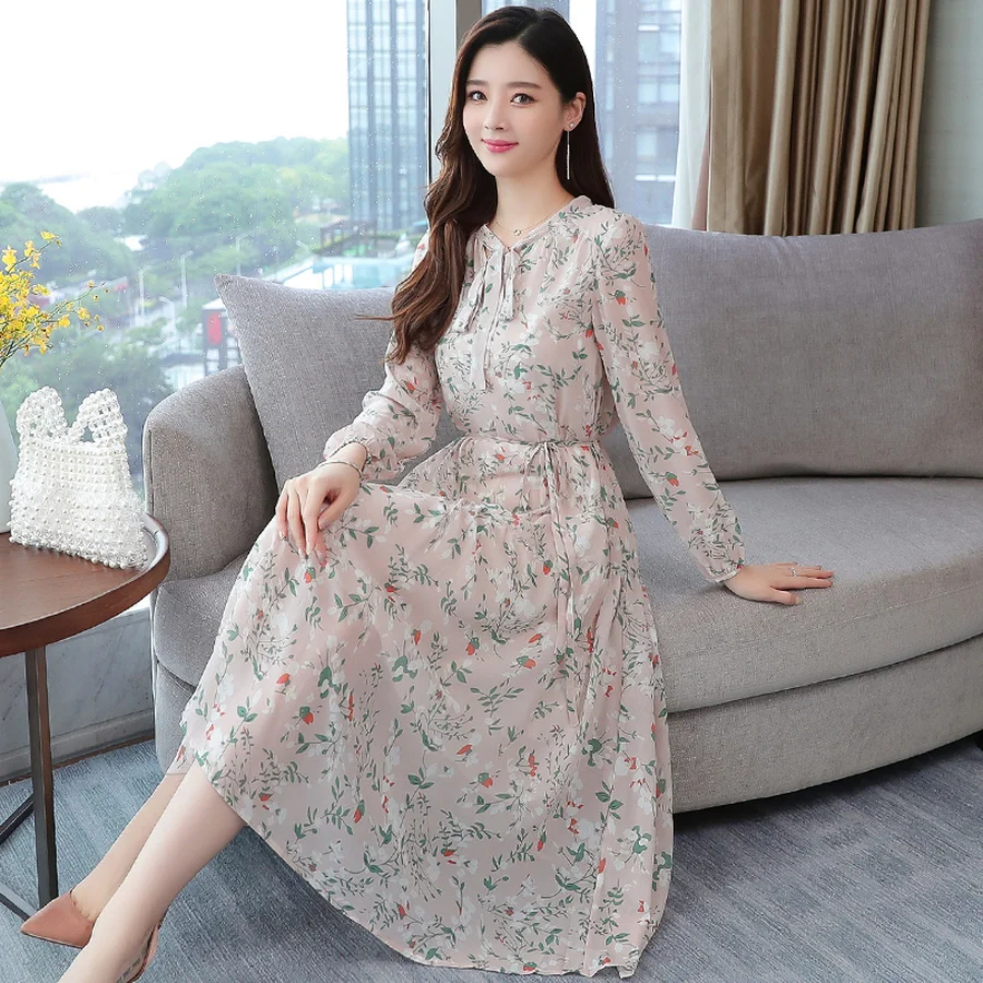 2019 шифоновое Цветочное платье с длинным рукавом Осеннее Новое Женское тонкое