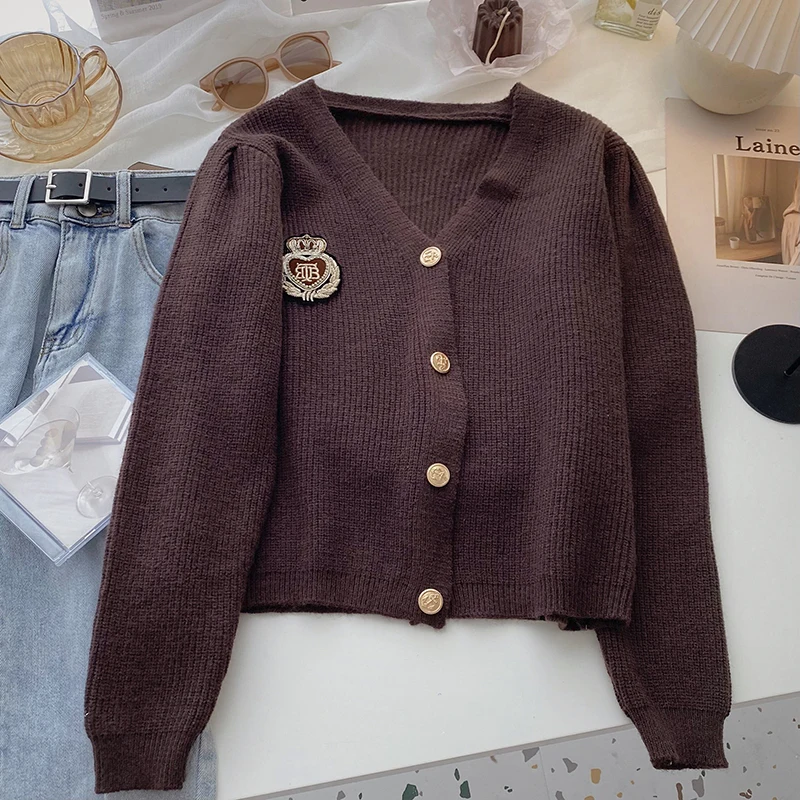 Harajpoo Cardigan Woman Japanese Preppy Style Fall Winter 2021 New Badge Embroidery V Neck Long Sleeve Knit Blue Vintage Sweater |