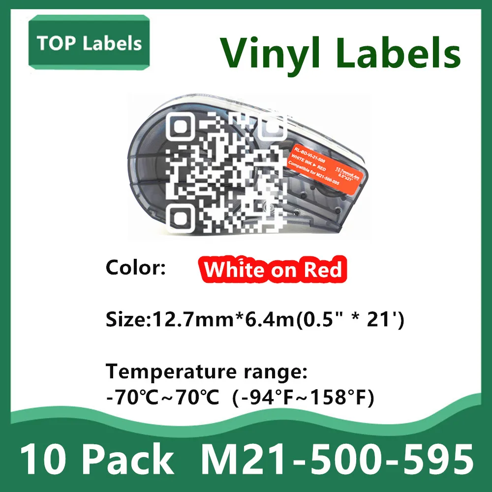 

10 Pack Label Tape M21-500-595 Ribbon Vinyl Labels White on Red for BMP21-PLUS,BMP21 LAB,IDPAL LABPAL Label Printer 0.5" *21'