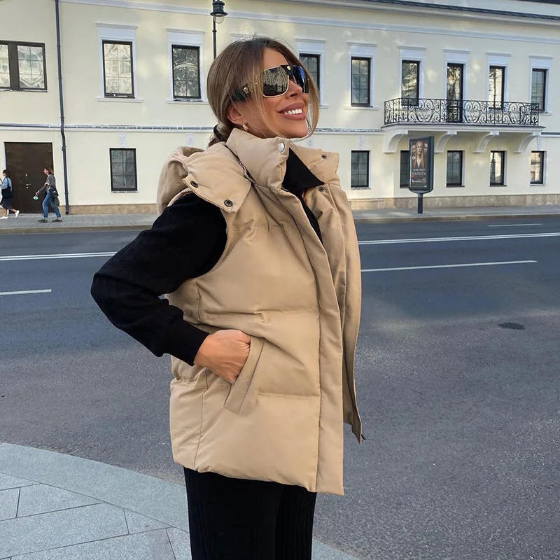 

Sleeveless Vest 2021 Women's Early Winter Bread Jacket Loose Hooded Stand Collar Vest Women Cotton Jacket Solid Color Parkas