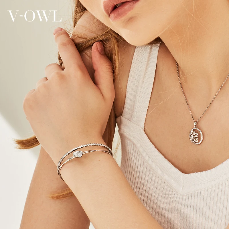 Серебряный трехслойный Открытый браслет V-Owl в форме сердца милый из нержавеющей