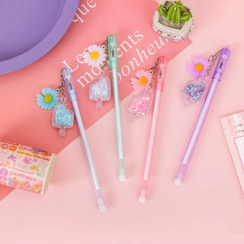 

free shipping 30pcs Black Ink Pen flower Pendant Gel Pen Girls For Writing Office School Supplies Stationery