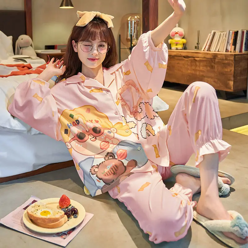 

Autumn and Winter New Long-sleeved Solid Color Printing Loose Cartoon Cute Casual Loose Sweet Pajamas Warm Pajamas