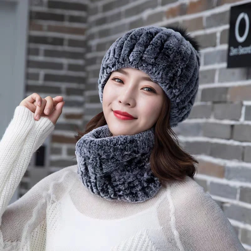 Женская меховая шапка модная зимняя из натурального меха кролика Рекс шарф в