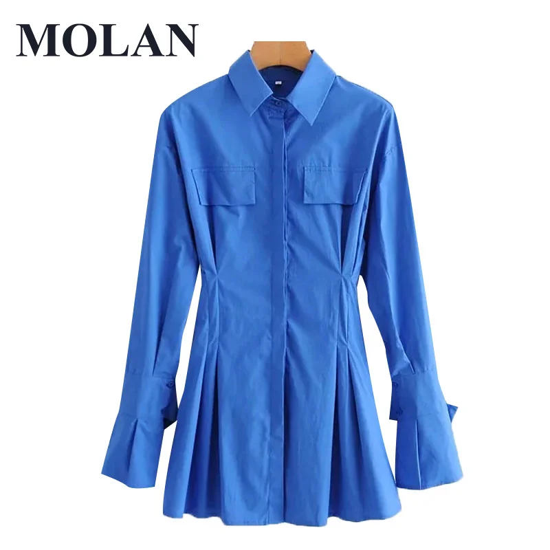 

MOLAN High Streetwear Shirt Dress Women New Chic Fashion Pockets Fitted Vintage Long Sleeve Button-up Vestidos Female Dresses