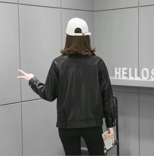 2019 Spring Autumn Moto Biker Faux Leather Short Jacket Womens Black Pu Leather Jacket Ladies Punk Loose Motorcycle Coat Zipper