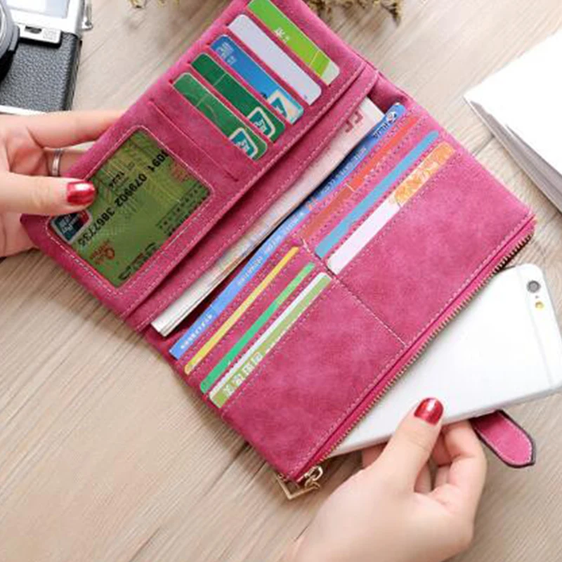 Женский винтажный кошелек из нубука модный однотонный клатч на молнии длинный