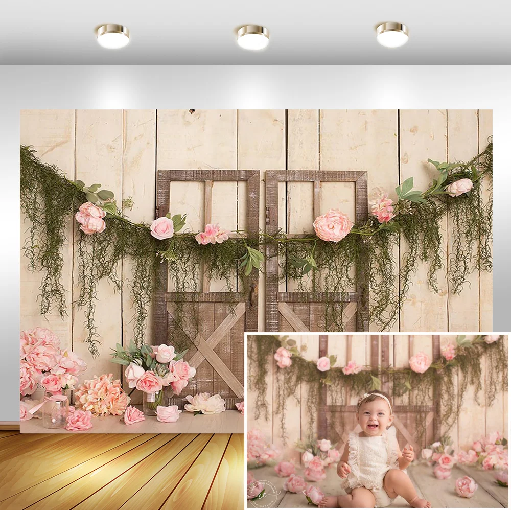 Фон для фотосъемки новорожденных с розовыми цветами и деревянными дверями