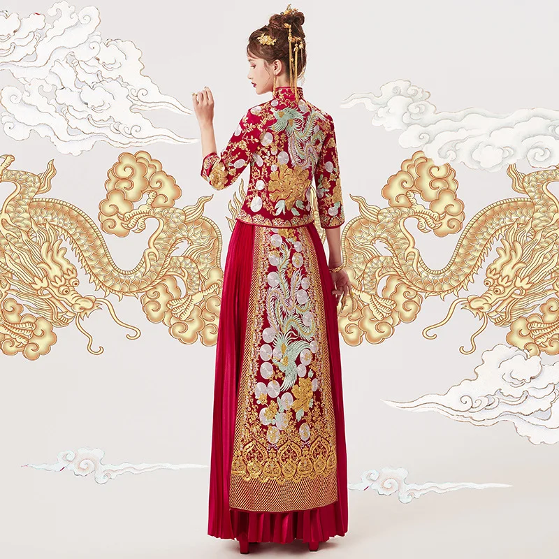 

Oriental Chinese Women Wedding Dress Embroidery Cheongsam Chinese Style Marriage Set Exquisite Bride Clothing Bride Gift S-3XL