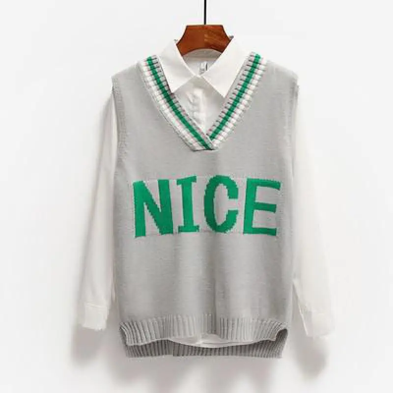 

Spring 2020 Women Vest Fashion Korean Style V-neck Knitted Sweater Korean Version Loose Sweater Letter Embroidery Vintage Veest