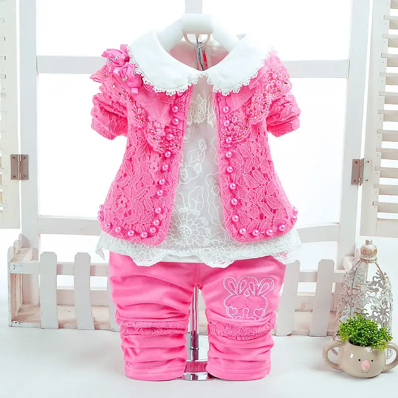 

Комплекты кружевной одежды для маленьких девочек, Осенний однотонный пиджак принцессы с бисером, штаны, 2021