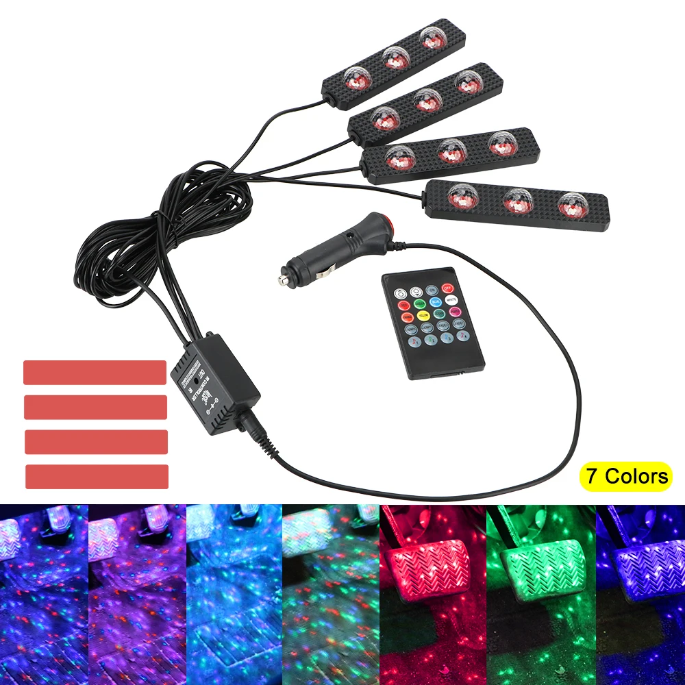 

LEEPEE Car Interior Foot Light 4Pcs/set Music voice control USB Cigarette lighter RGB LED Bulb LED Strip Atmosphere Lamp