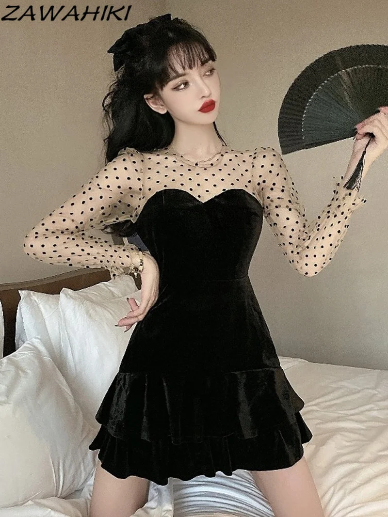 

ZAWAHIKI French Sweet Girl Vestidos Mesh Stitching Mini Dress 2021 Autumn New Fashion Ropa Mujer High Waist Ruffled Mini Dresses