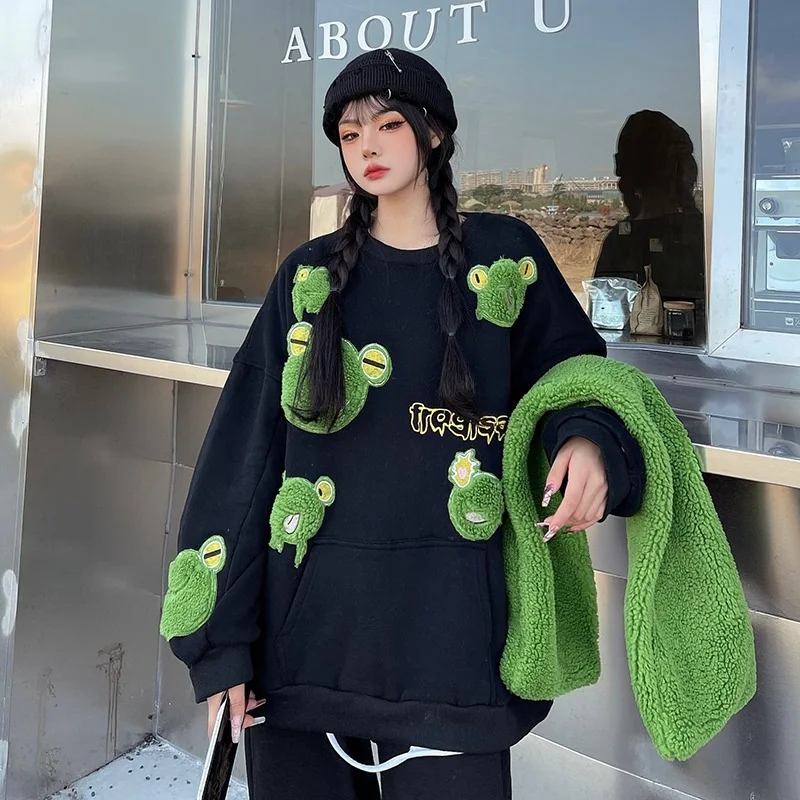 Свитшот Harajpoo женский с вышивкой лягушка плюс вельветовый зимний Корейский Instagram