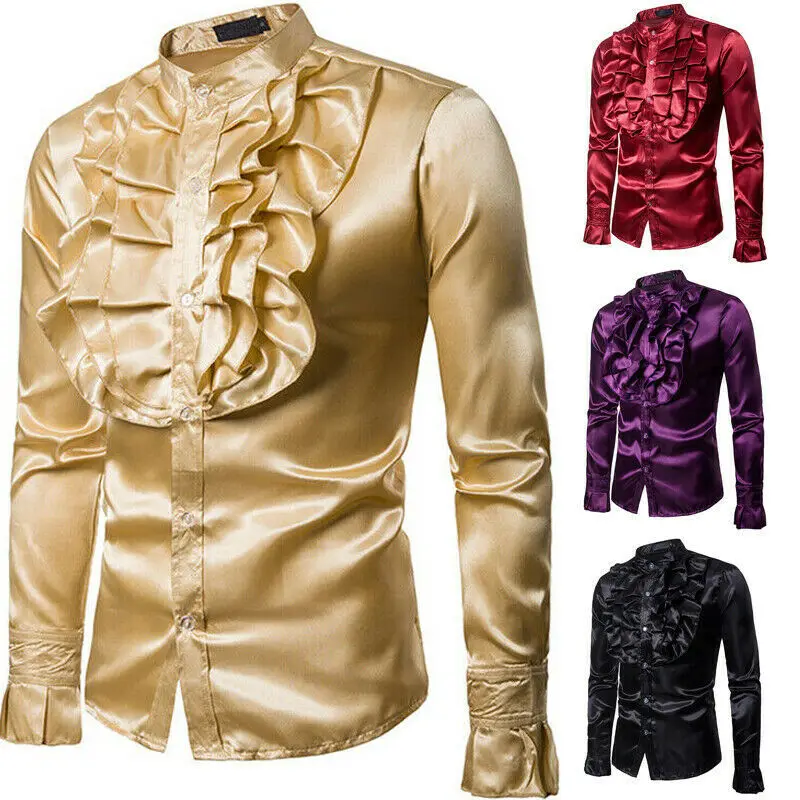 

2021 New Retro Men 70s Frill Ruffled Shirt Party Formal Banquet Clothing Long-sleeved Collarless Shirt Men's Formal Shirt