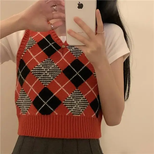 

Short, small, fresh, no sleeve, V-neck, rhombic knitwear, waistcoat, college style, versatile top, waistcoat, female