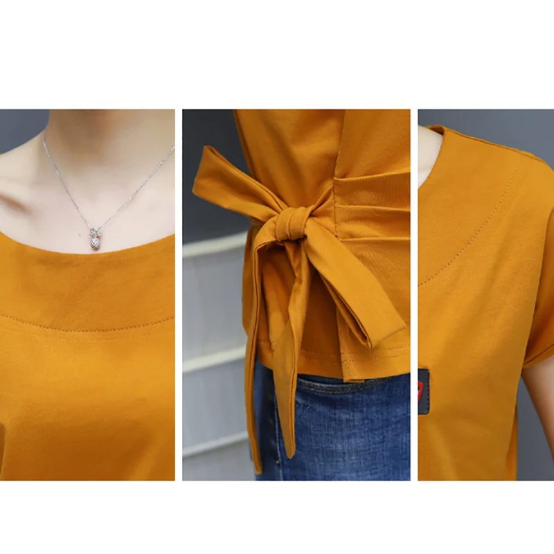 202I летняя хлопковая белая футболка женские корейские модные топы на шнуровке с