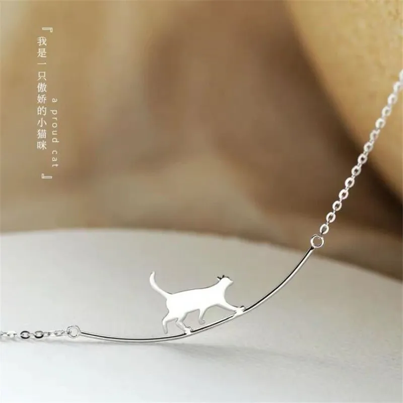Collares de cadena de clavícula para gato, joyería de plata de ley 925 curvada con personalidad Simple, Animal bonito, para caminar, nueva moda, N090